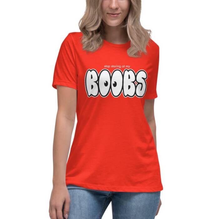 Stop Staring at My Boobs - red t-shirt - kinky/bdsm t-shirts for women